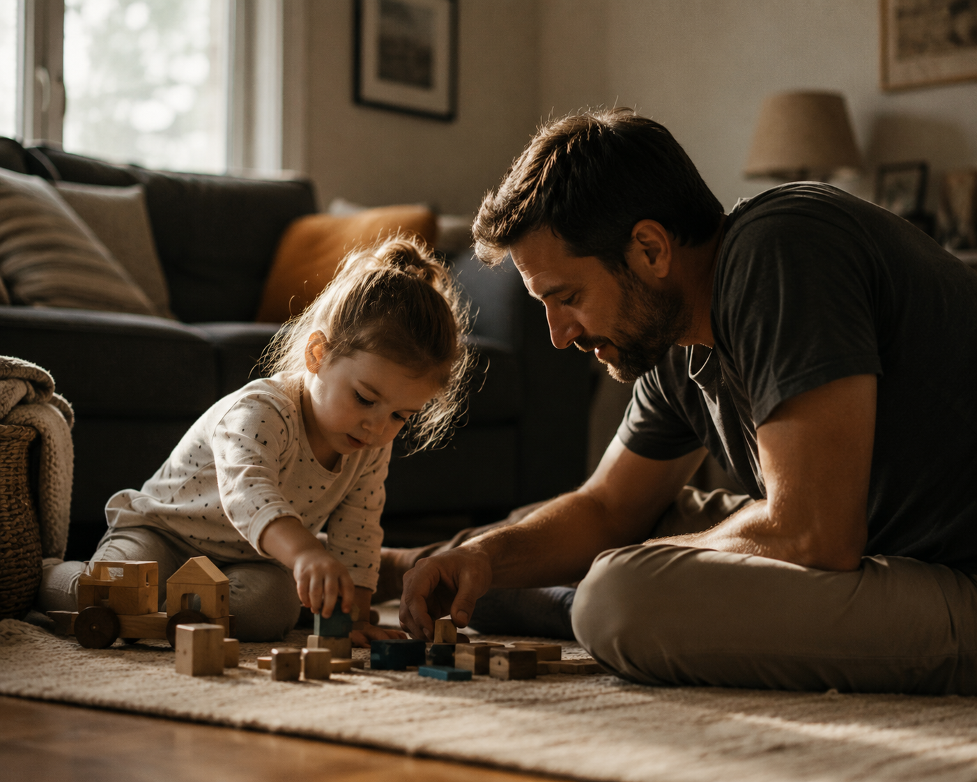 A dad and his daughter building with wooden blocks