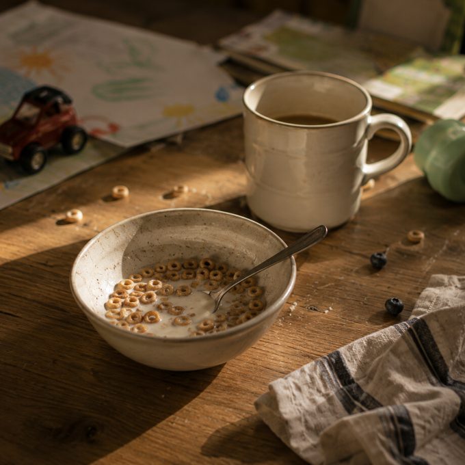 A messy breakfast table on an ordinary Tuesday morning