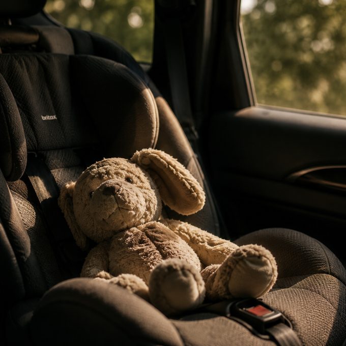 A stuffed animal left in the car seat