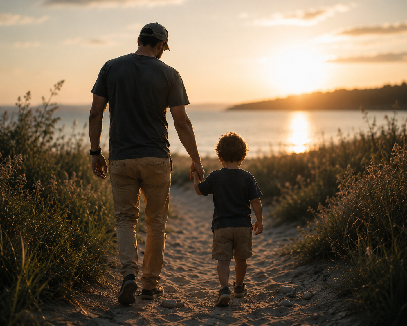 A father and son walking together at sunset